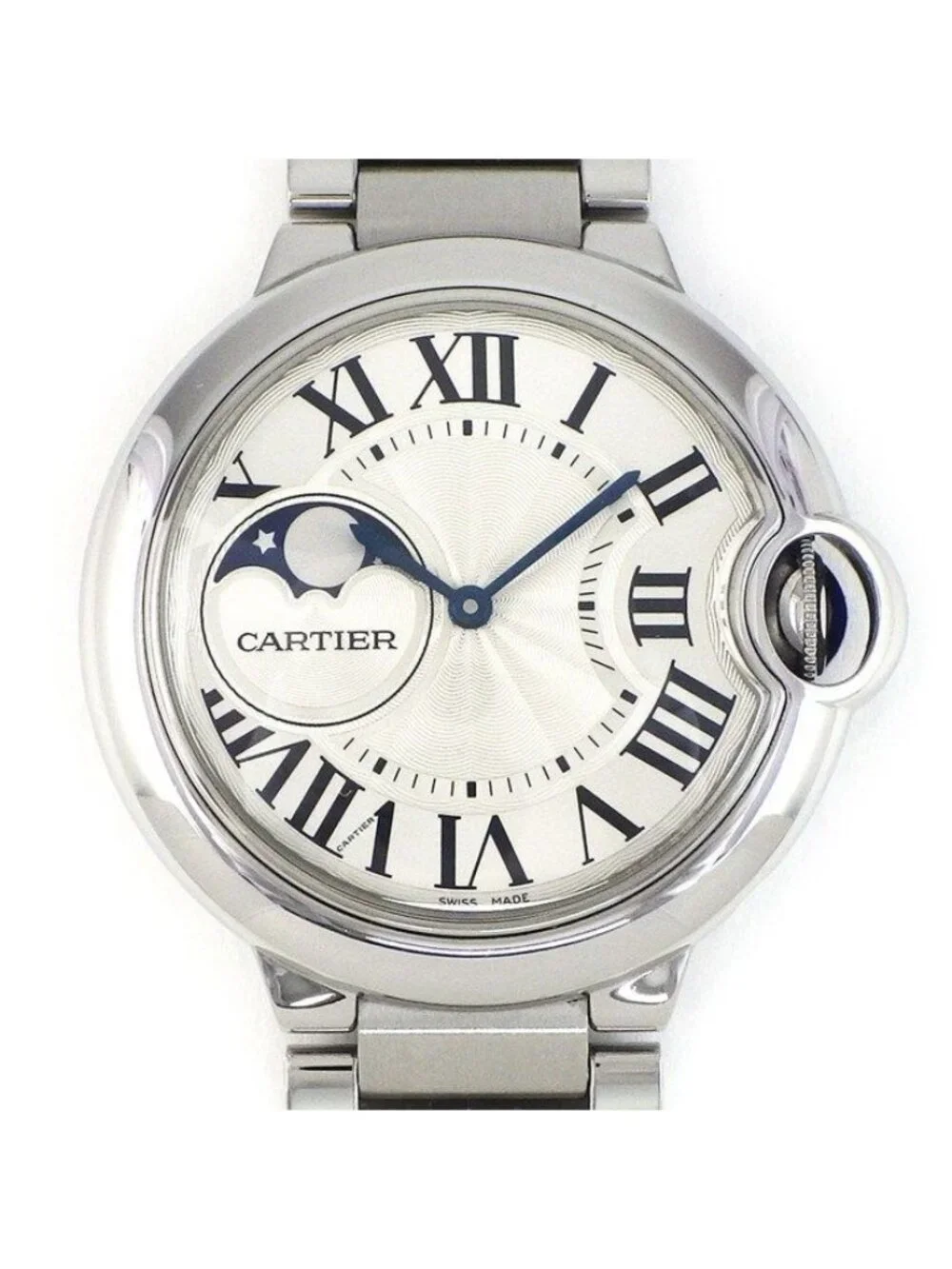 Cartier Watch Baron Blue Wsbb Silver Guilloche Dial Roman Index Moon Phase SS